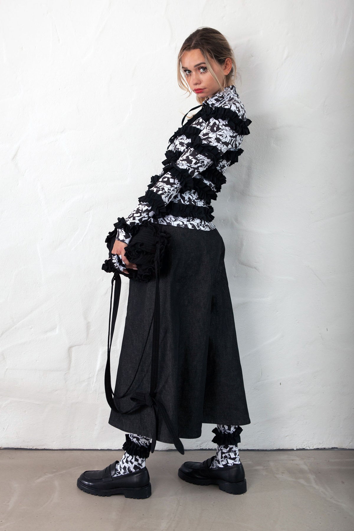 HORIZONTAL RUGBY Printed Ruffle Top